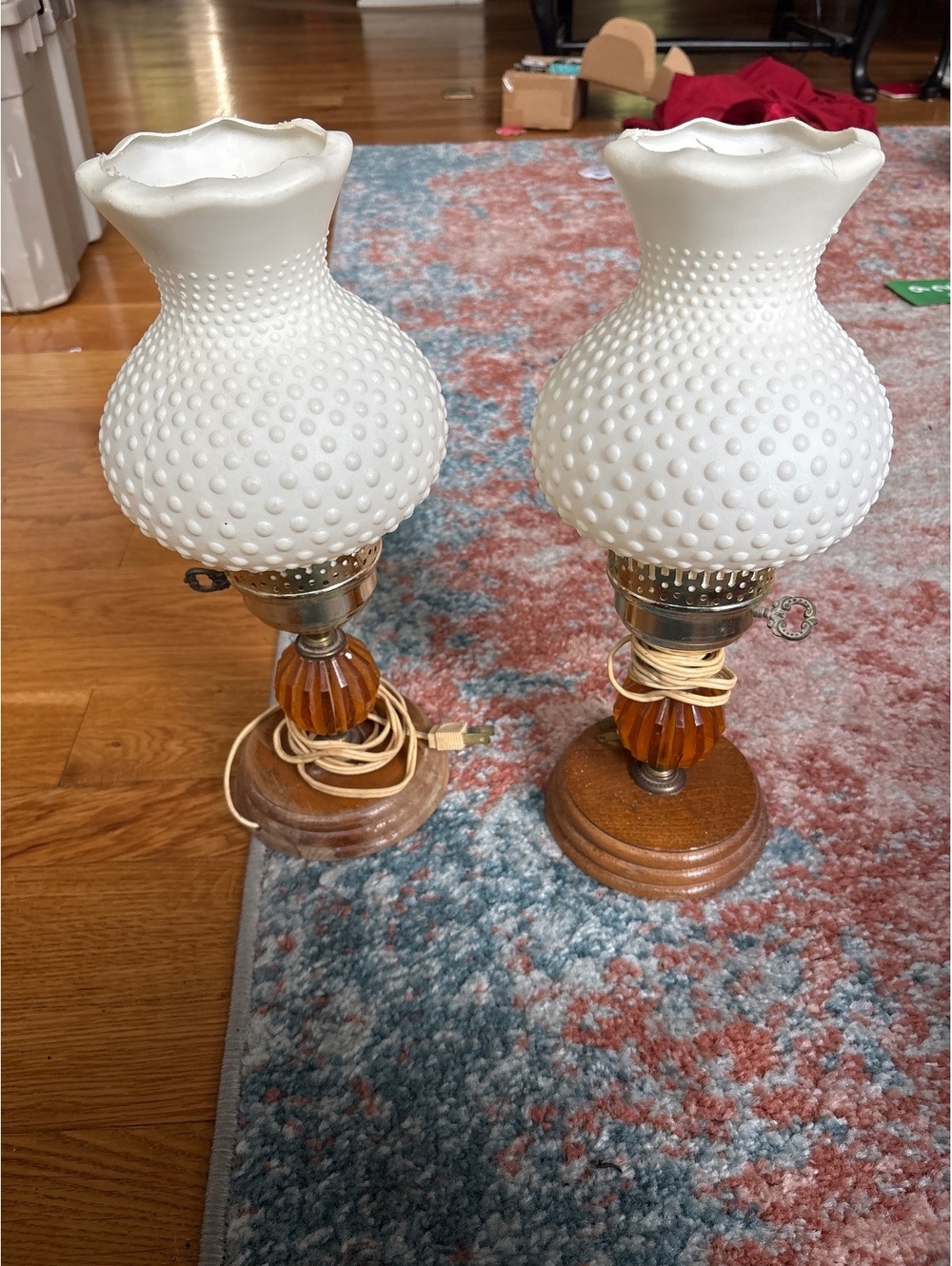 Vintage Mid-Century Plastic White Hobnail Hurricane Table Lamps - Pair